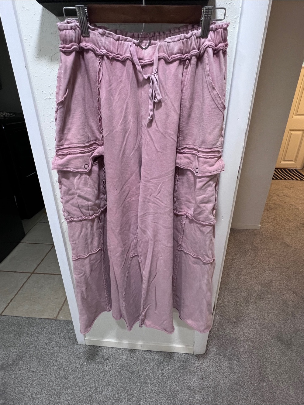 Three Bird Nest Washed Pink Cargo wide Leg pants with Drawstring Waist